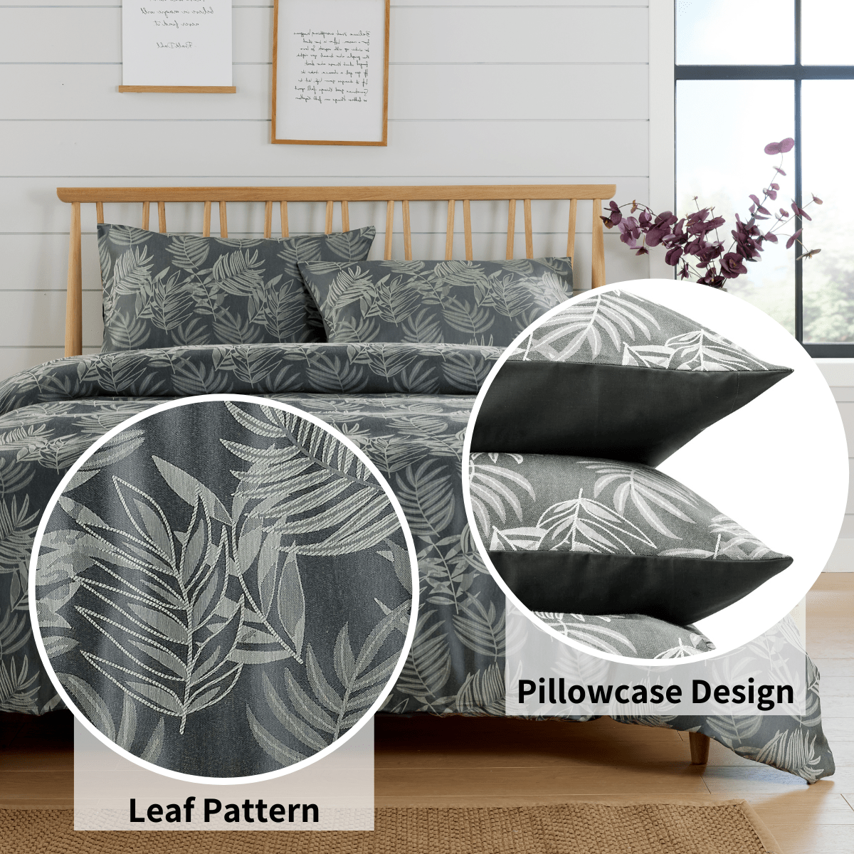 Olivia Rocco Leaf Jacquard Reversible Cotton Blend Duvet Cover Set with Pillowcases