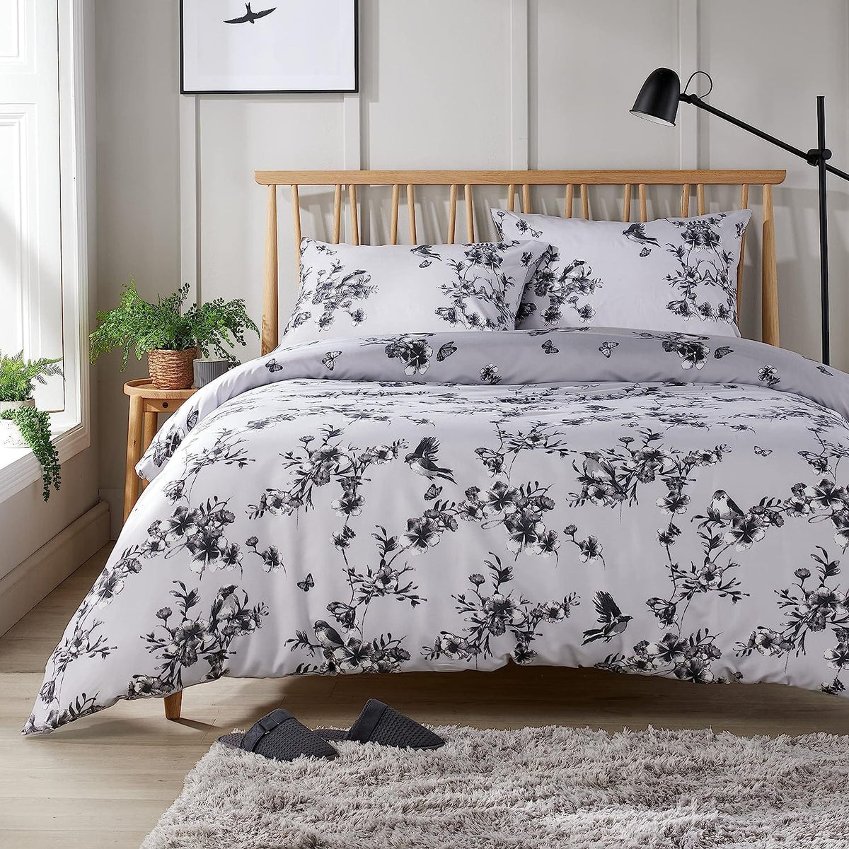 Olivia Rocco Blossom Grey Reversible Quilted Duvet Cover Set with Pillowcases