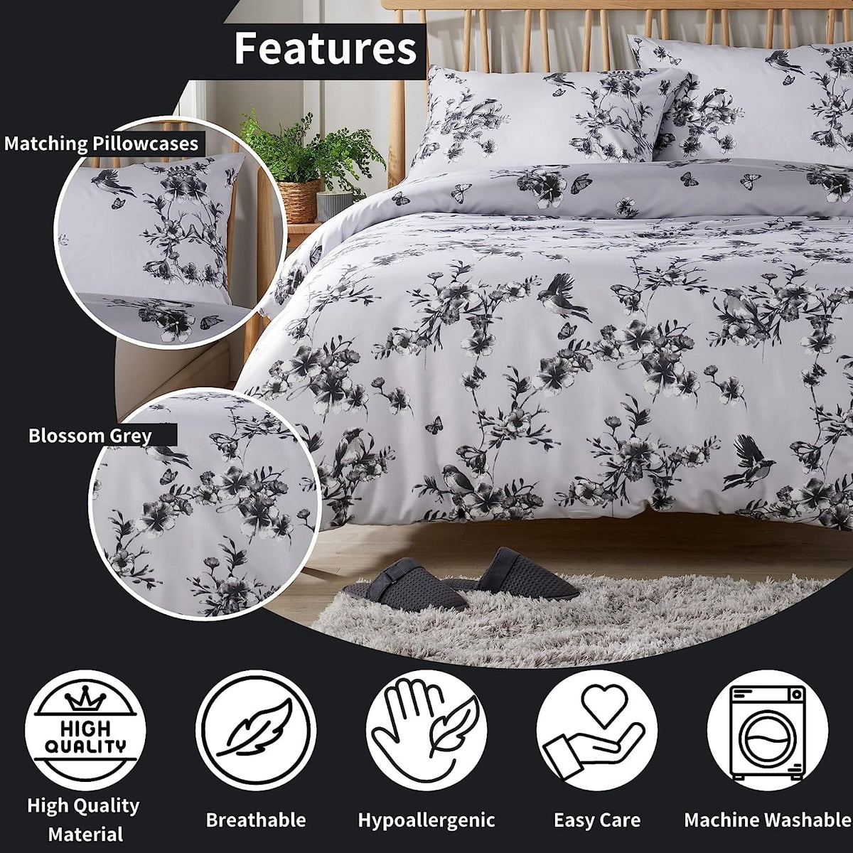 Olivia Rocco Blossom Grey Reversible Quilted Duvet Cover Set with Pillowcases