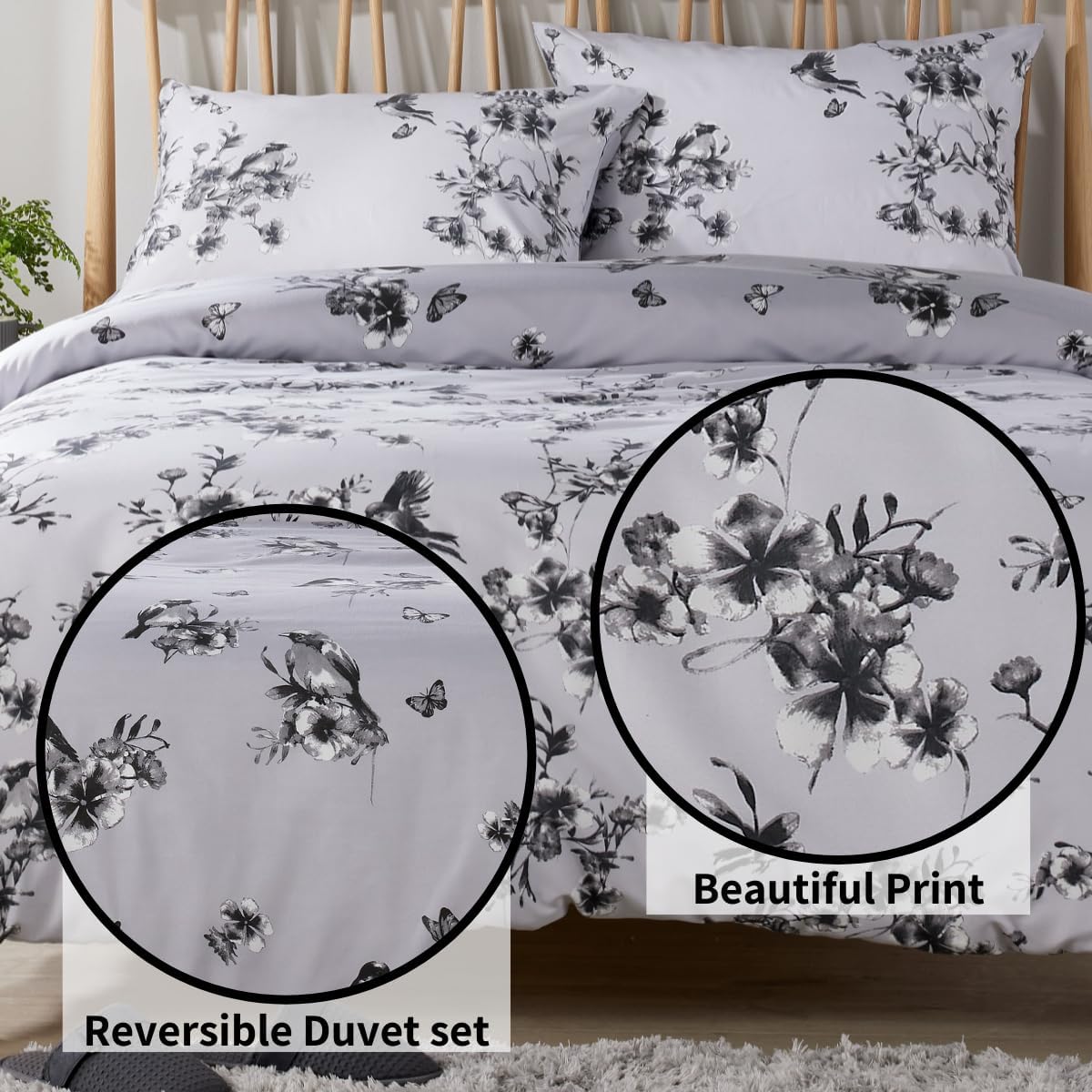 Olivia Rocco Blossom Grey Reversible Quilted Duvet Cover Set with Pillowcases