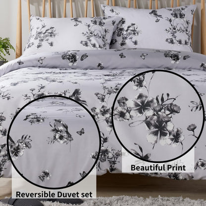 Olivia Rocco Blossom Grey Reversible Quilted Duvet Cover Set with Pillowcases