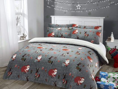 Olivia Rocco Santa Christmas Presents Reversible Teddy Fleece Duvet Cover Set