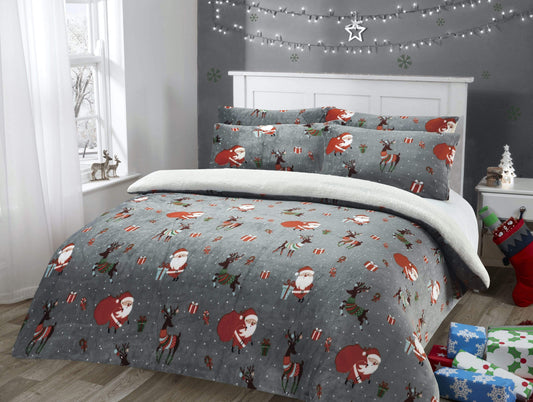 Olivia Rocco Santa Christmas Presents Reversible Teddy Fleece Duvet Cover Set