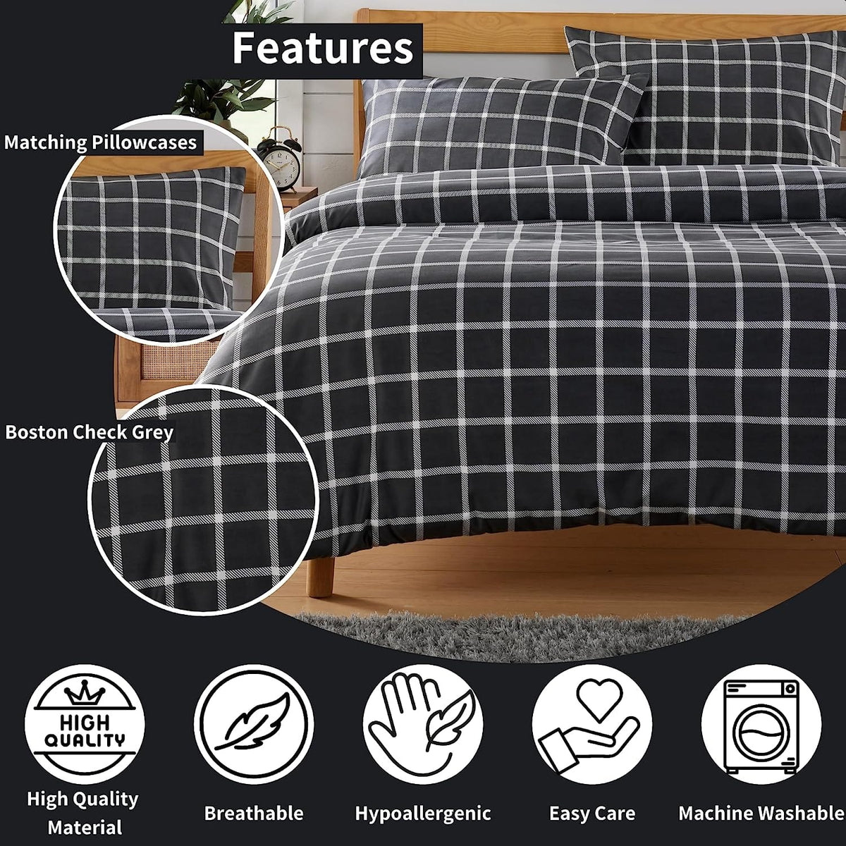 Olivia Rocco Boston Check Grey Reversible Duvet Cover Set