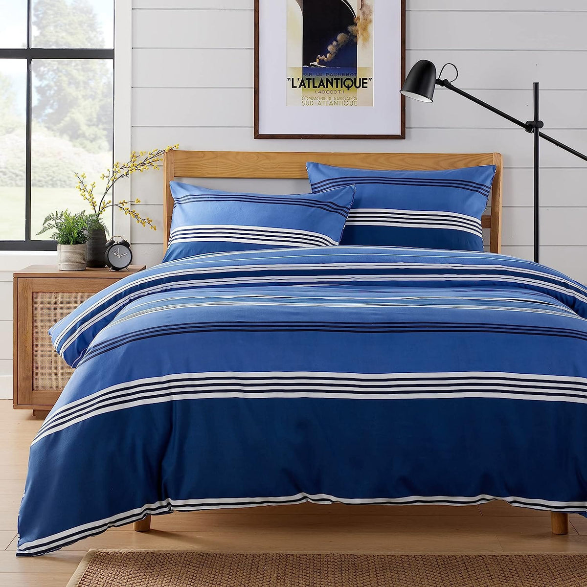 Olivia Rocco Harlow Stripes Blue Microfibre Duvet Cover Set with Pillowcases