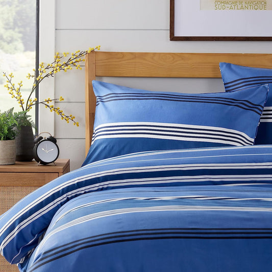 Olivia Rocco Harlow Stripes Blue Microfibre Duvet Cover Set with Pillowcases