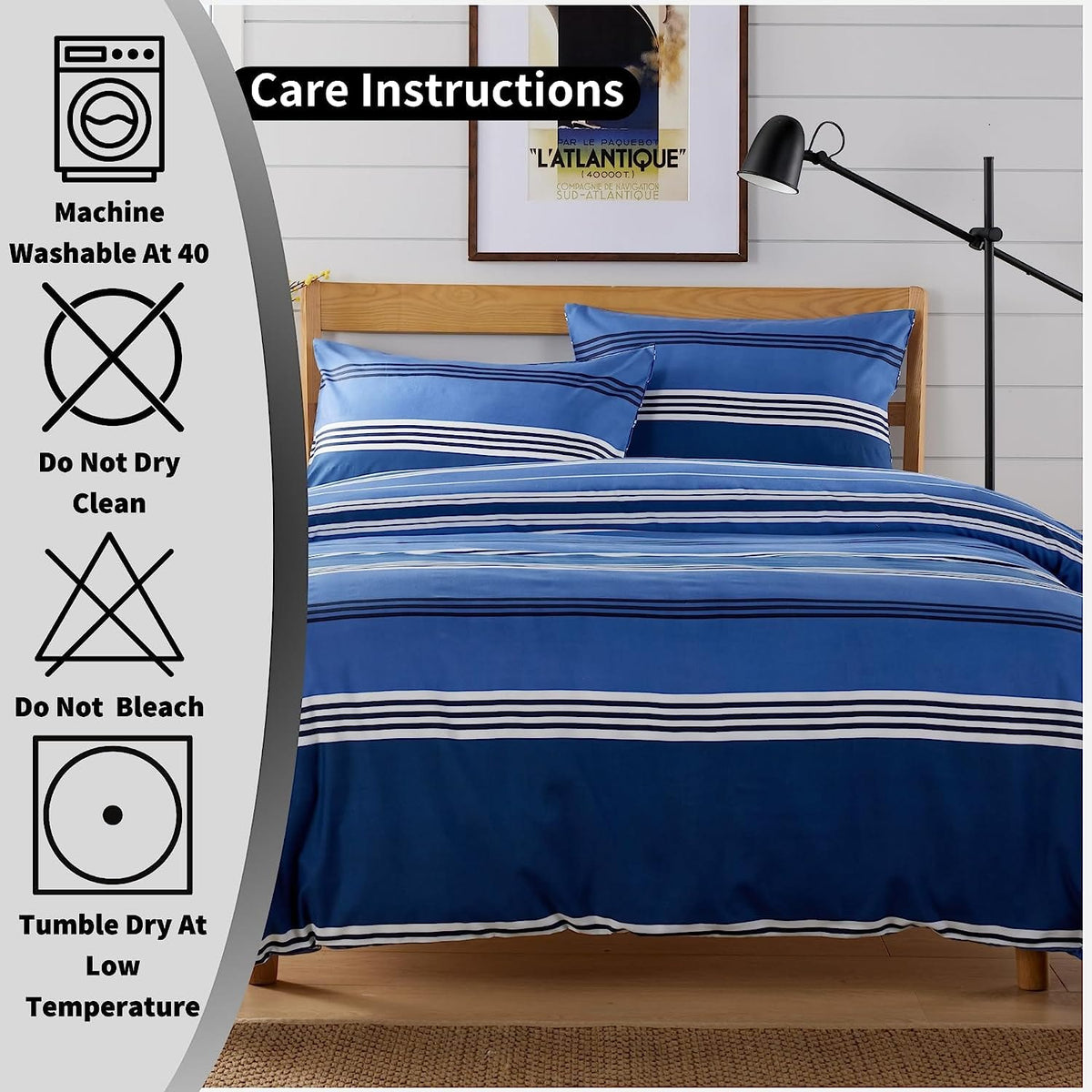 Olivia Rocco Harlow Stripes Blue Microfibre Duvet Cover Set with Pillowcases
