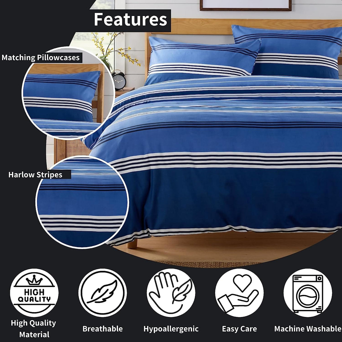 Olivia Rocco Harlow Stripes Blue Microfibre Duvet Cover Set with Pillowcases