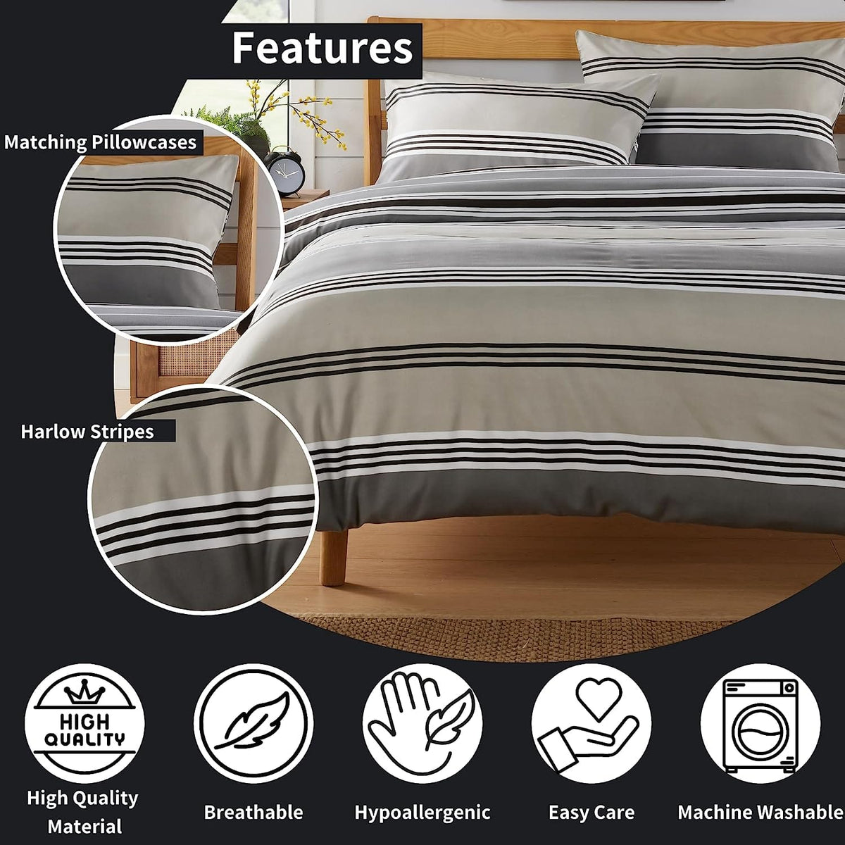 Olivia Rocco Harlow Stripe Grey Reversible Quilted Duvet Cover Set