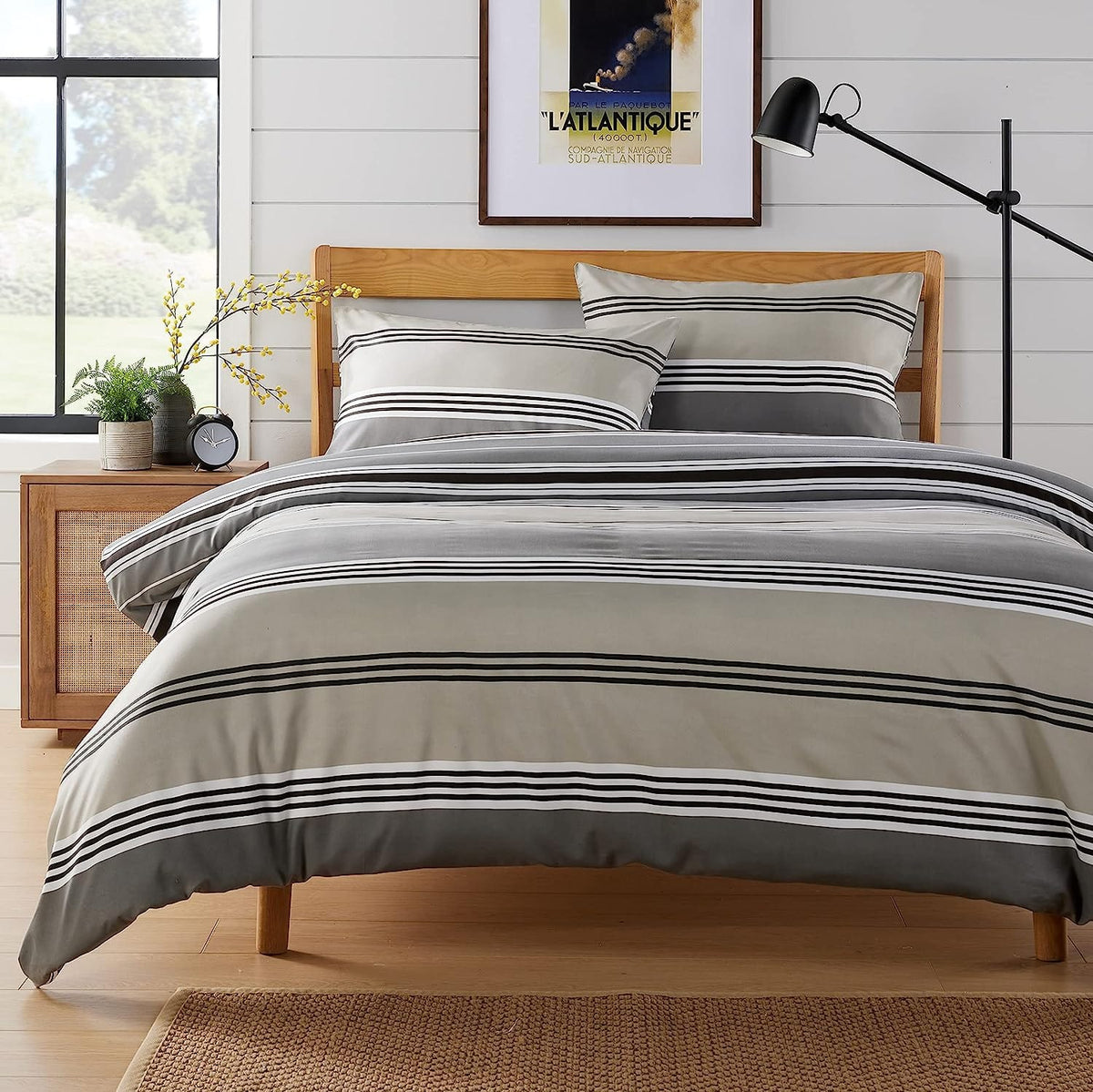 Olivia Rocco Harlow Stripe Grey Reversible Quilted Duvet Cover Set
