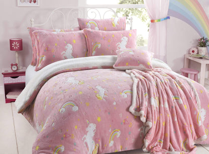 Olivia Rocco Kids Rainbow Unicorn Glow in the Dark Teddy Fleece Duvet Cover Set