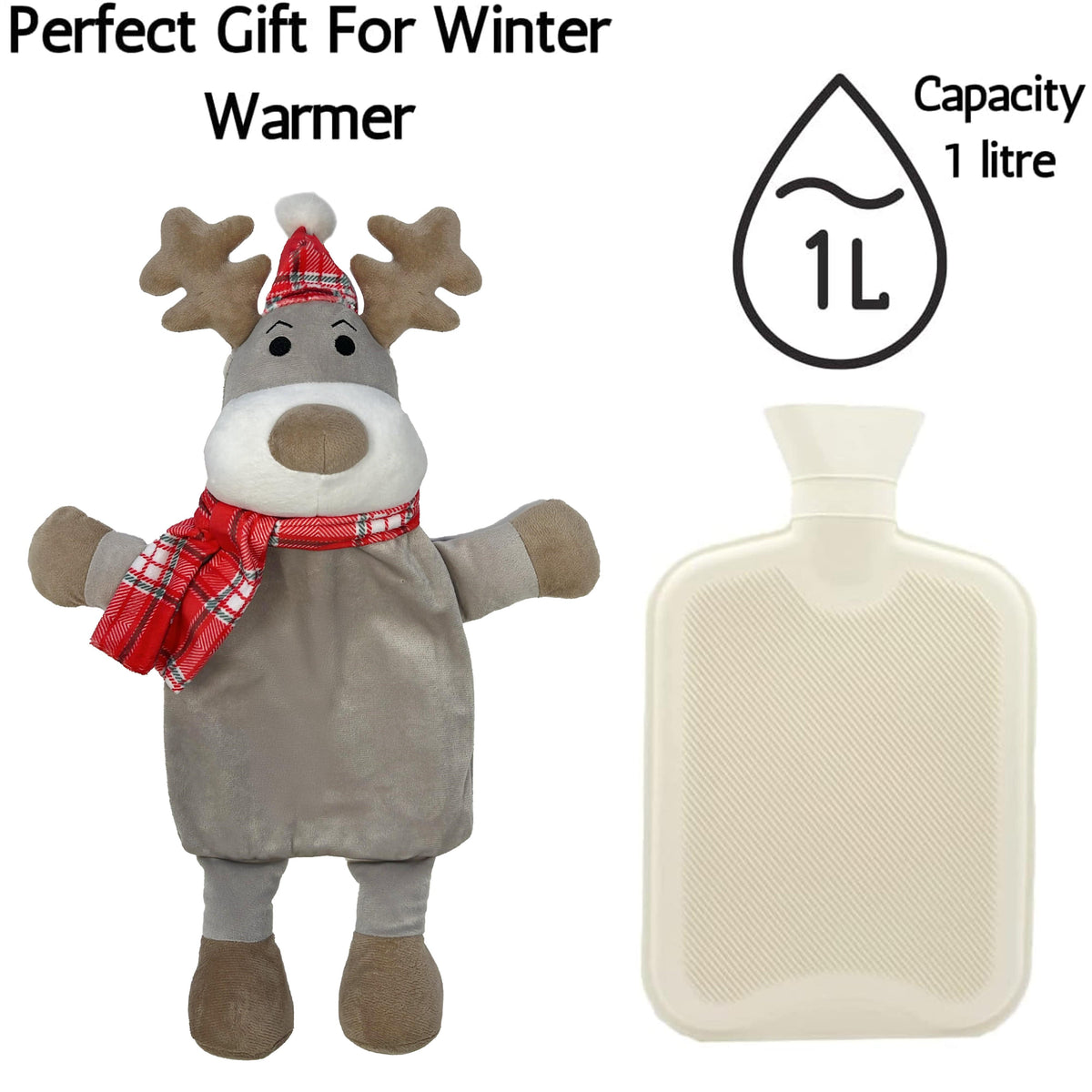 Olivia Rocco Reindeer Christmas Hot Water Bottle with Fleece Cover 1 Litre
