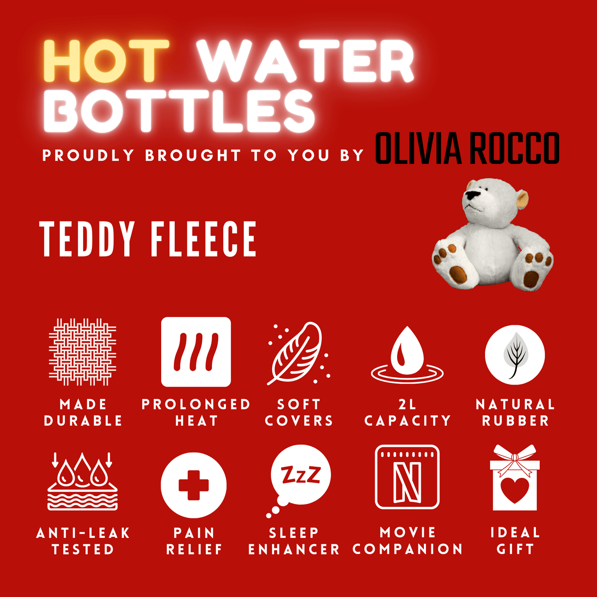 Olivia Rocco Teddy Fleece Hot Water Bottle with Hand Warmer Pocket 2L