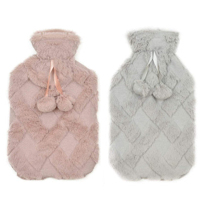 Olivia Rocco Diamond Fleece Hot Water Bottle with Pom-Poms 2L