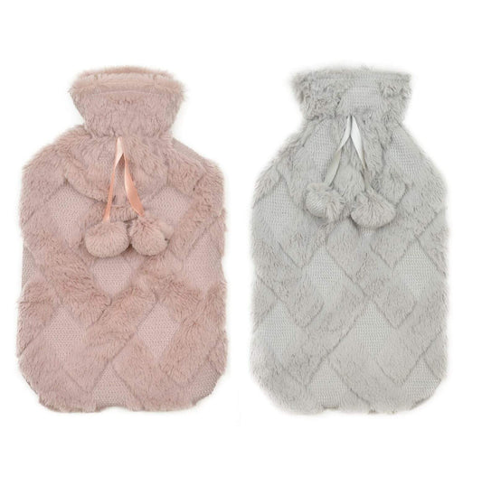 Olivia Rocco Diamond Fleece Hot Water Bottle with Pom-Poms 2L