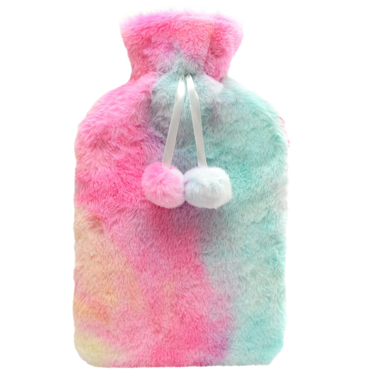 Olivia Rocco Rainbow Tie-Dye Faux Fur Hot Water Bottle with Pom-Poms 2L