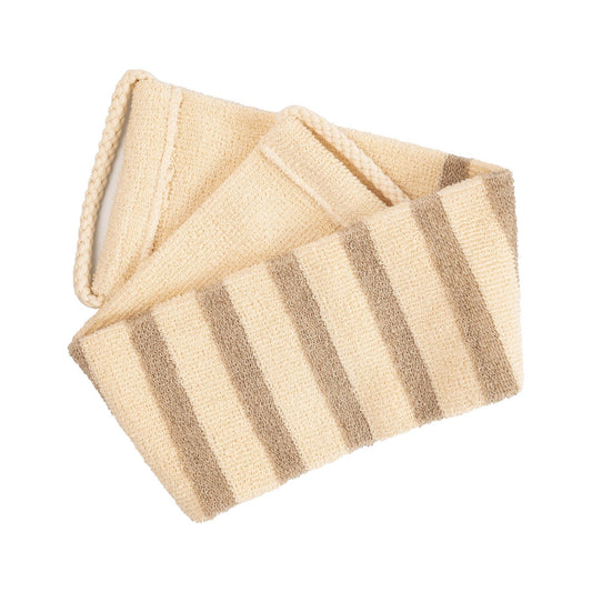 Folded beige and brown striped backstrap on a white background