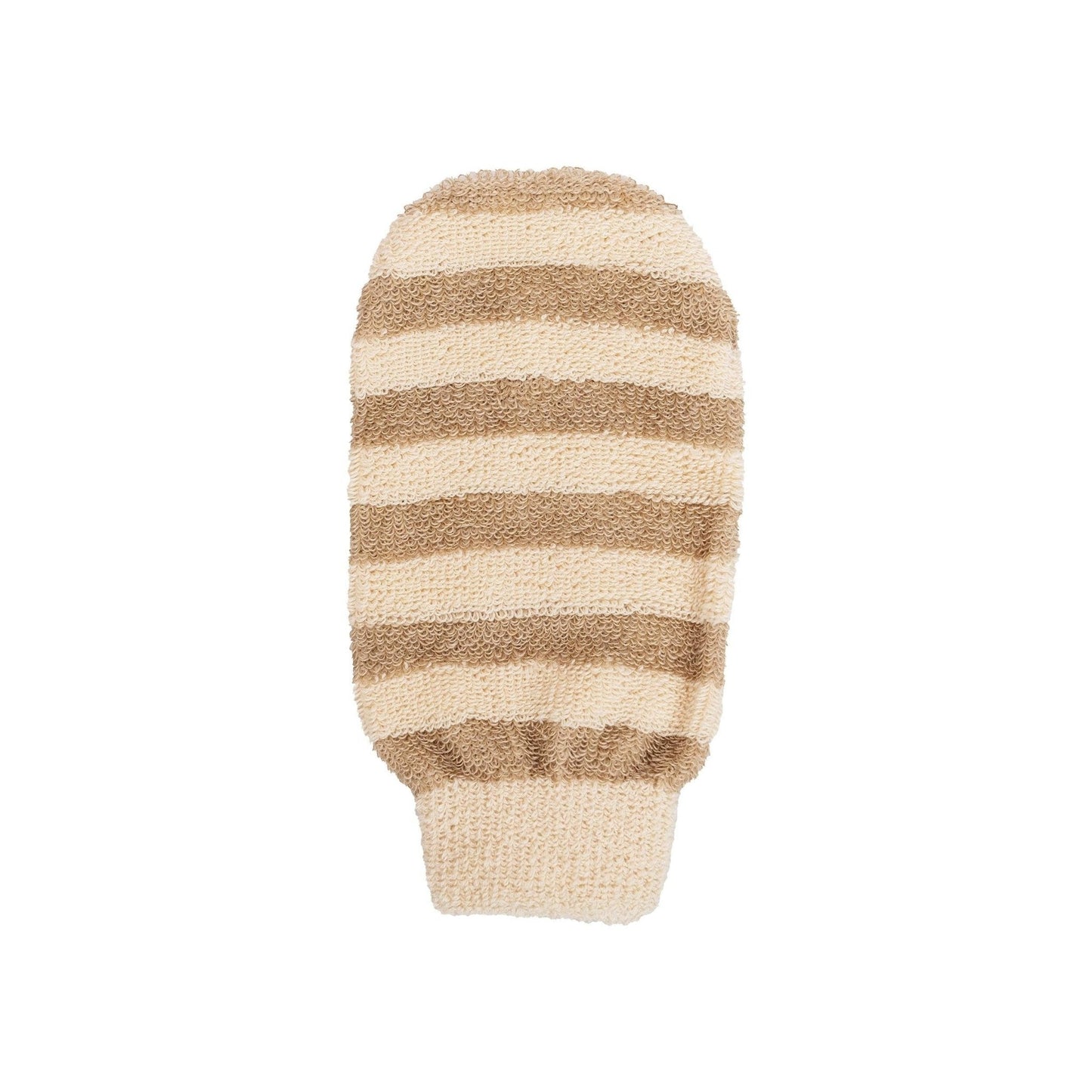 Knitted mitt with brown and beige stripes on a white background