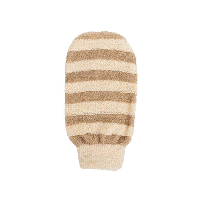 Knitted mitt with brown and beige stripes on a white background