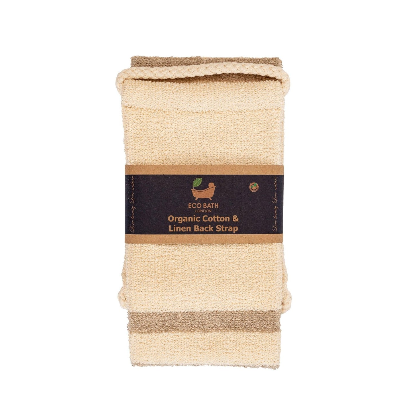 Beige organic cotton and linen back strap with a label on a white background