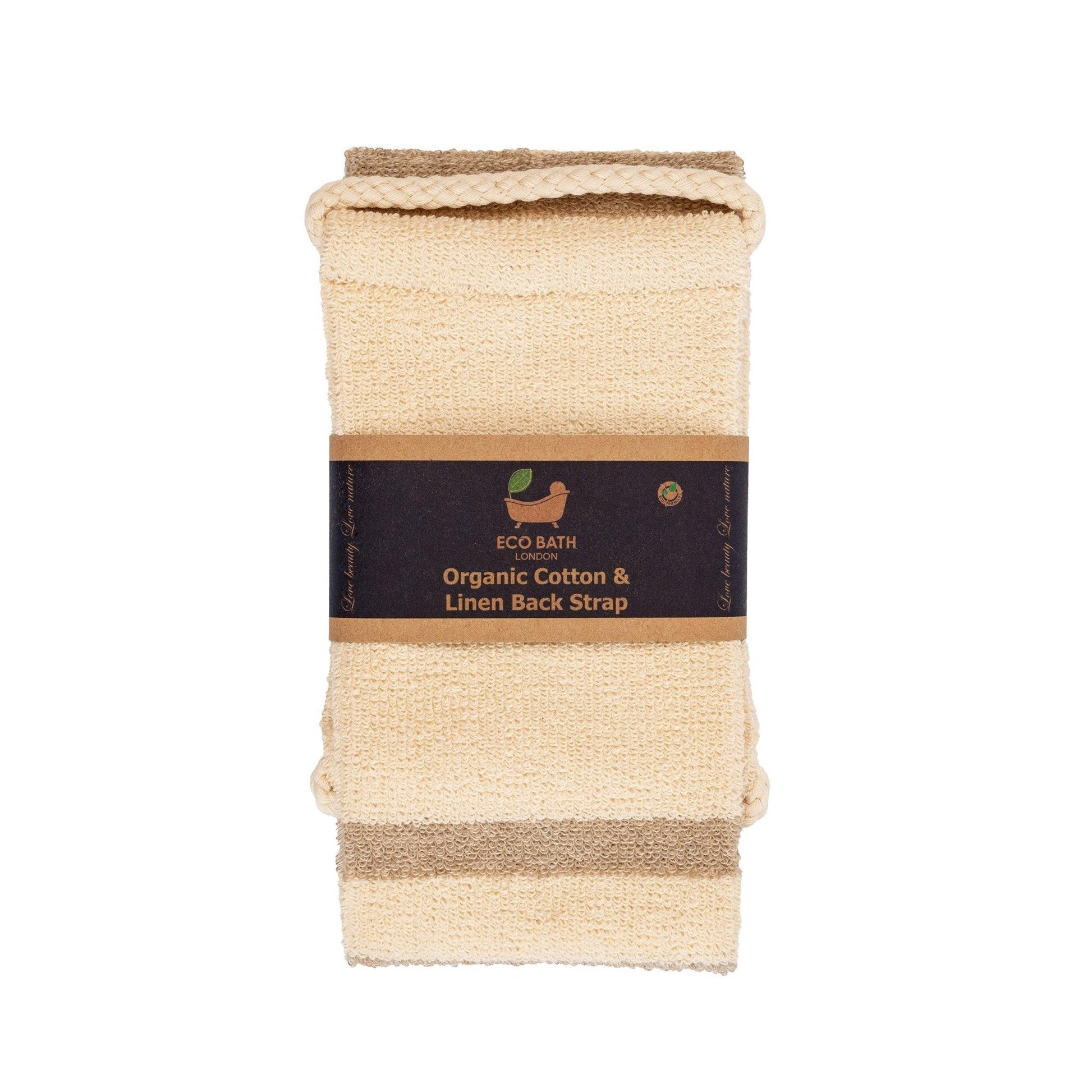 Beige organic cotton and linen back strap with a label on a white background