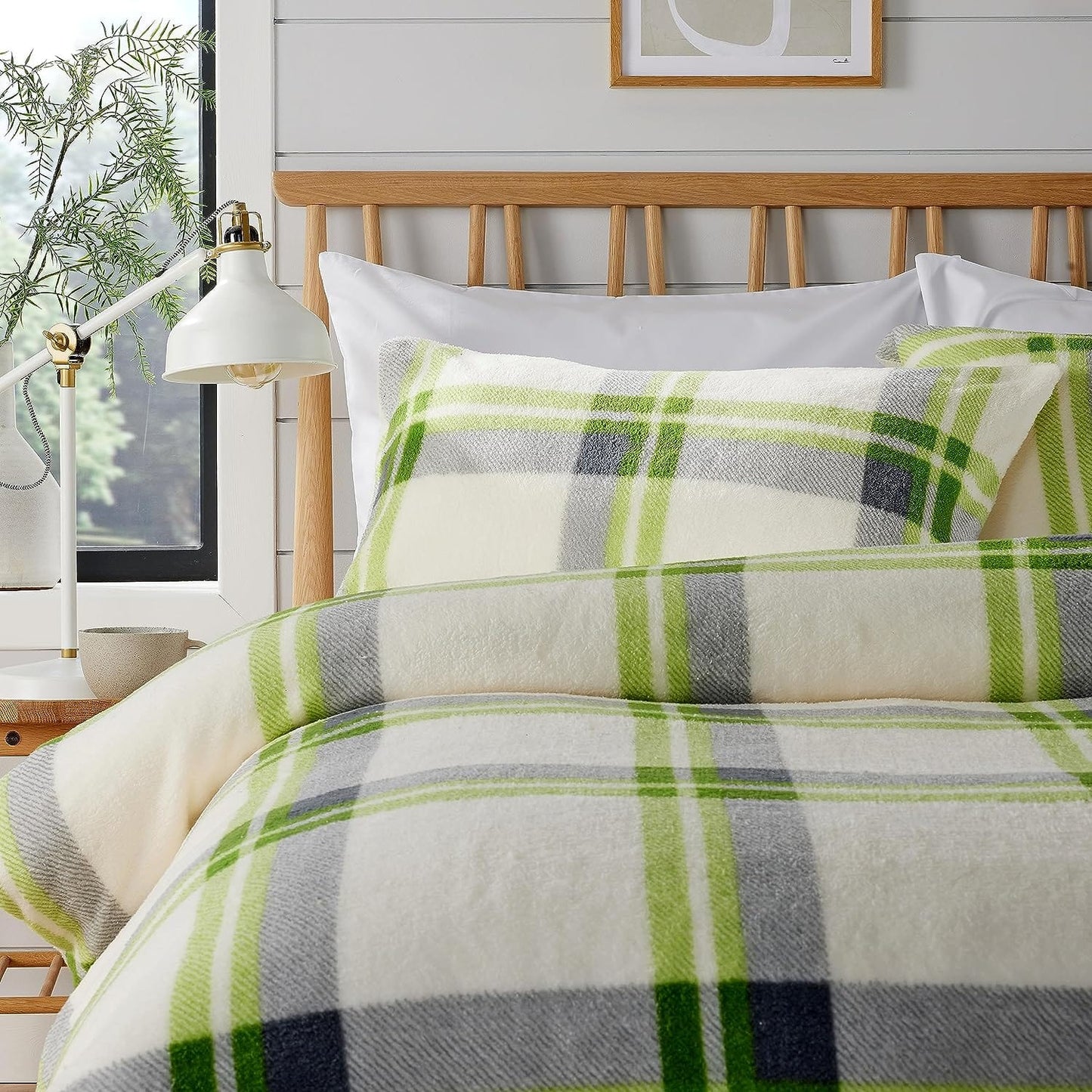 Orkney Check Fleece Duvet Set Grey Green Super Soft Luxurious Bedding Single Double King with Pillowcases Perfect for Winter Nights by OLIVIA ROCCO
