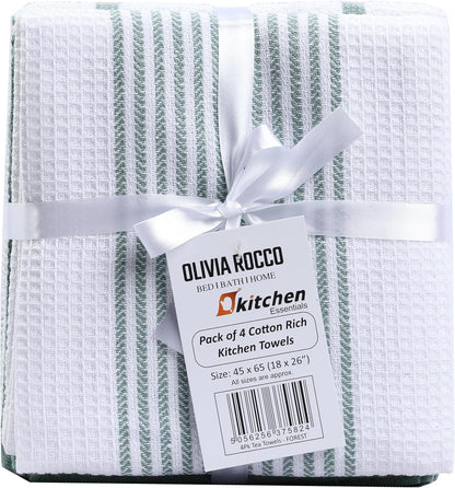 Pack of 4 Green Cotton Tea Towels for Drying Dishes and Cleaning Spills High Absorbency and Durability 65x45 cm by OLIVIA ROCCO
