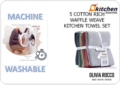 5 Pack Ultra Absorbent Waffle Kitchen Tea Towels High-Quality Soft Cotton Assorted Colours Durable for Home and Catering Use by OLIVIA ROCCO