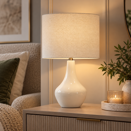 Pagazzi Odette Ceramic Table Lamp White with Linen Shade 45 cm