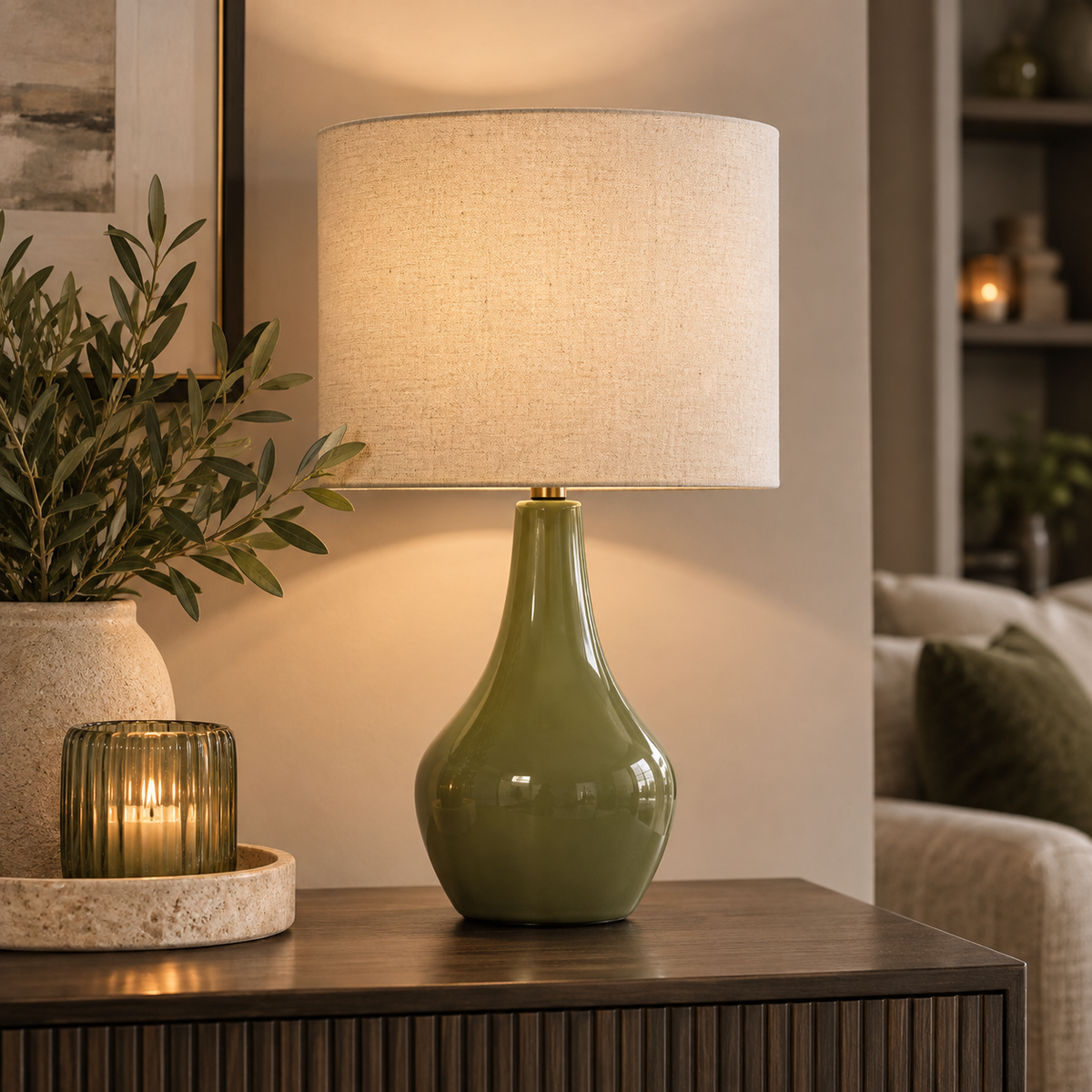 Pagazzi Odette Ceramic Table Lamp Green with Linen Shade 45 cm
