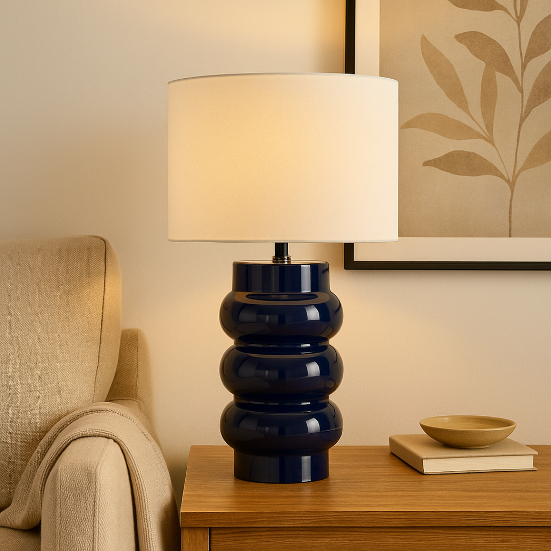 Pagazzi Zenya Ceramic Table Lamp Navy with White Drum Shade 55 cm