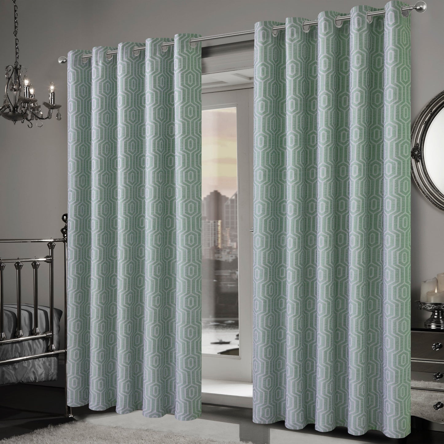 Paris Eyelet Jacquard Curtains Sage Green Geometric Pattern Thermal Insulated Light Blocking for Bedroom Lounge by OLIVIA ROCCO
