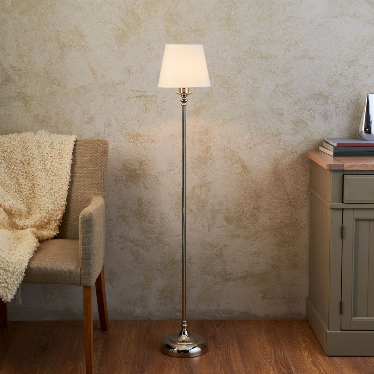 Pagazzi Fable Rechargeable LED Floor Lamp Polished Chrome with White Shade 130 cm