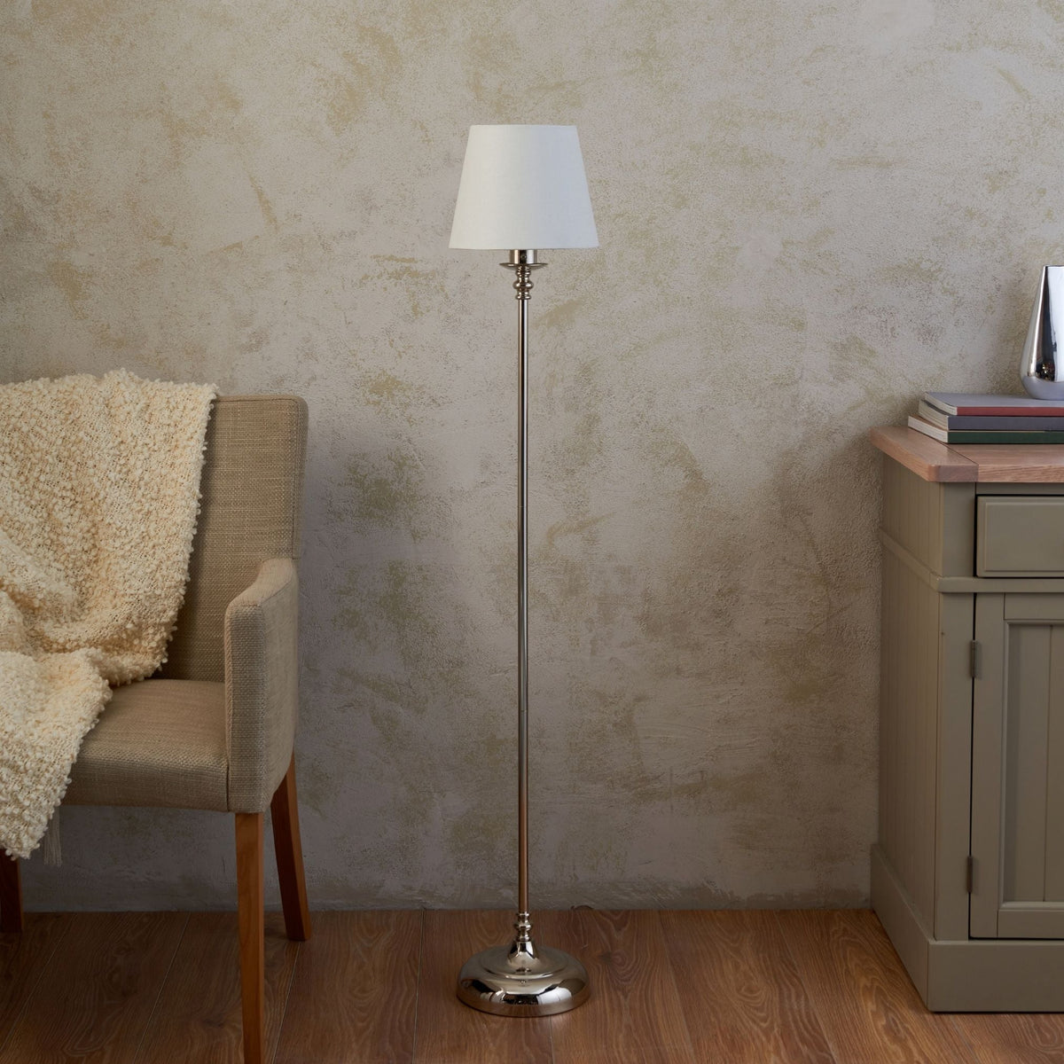 Pagazzi Fable Rechargeable LED Floor Lamp Polished Chrome with White Shade 130 cm