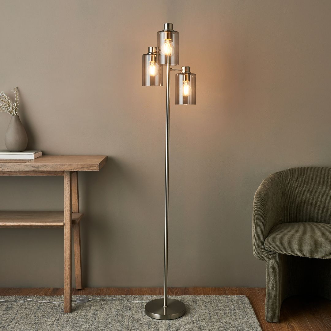 Pagazzi Kingsholm 3 Light Floor Lamp Satin Nickel with Smoked Glass 150 cm