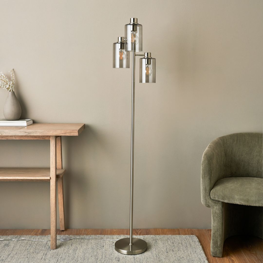 Pagazzi Kingsholm 3 Light Floor Lamp Satin Nickel with Smoked Glass 150 cm