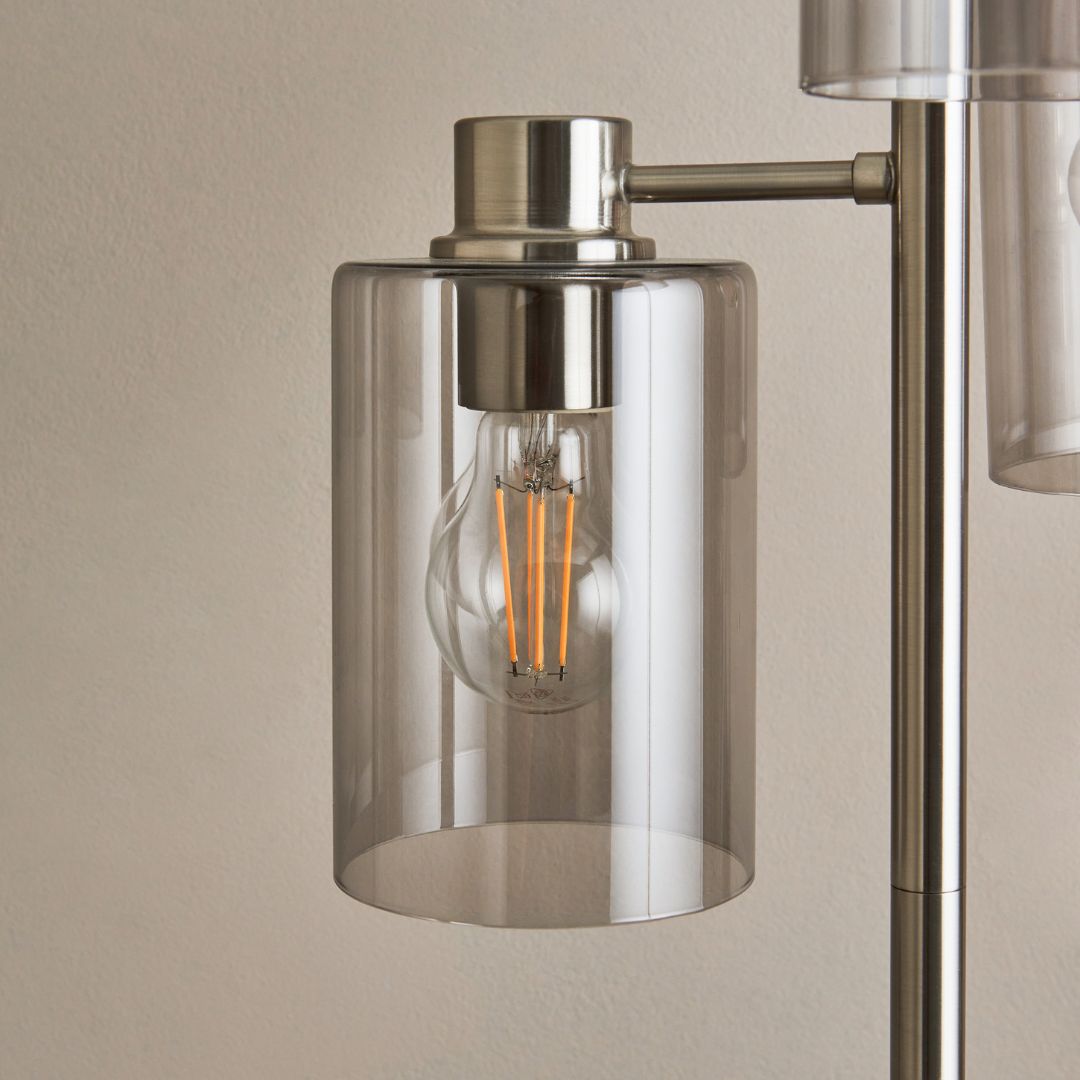 Pagazzi Kingsholm 3 Light Floor Lamp Satin Nickel with Smoked Glass 150 cm