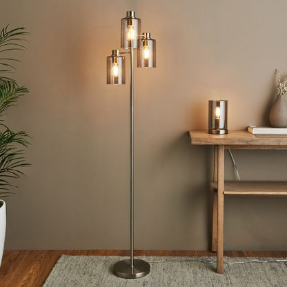 Pagazzi Kingsholm 3 Light Floor Lamp Satin Nickel with Smoked Glass 150 cm