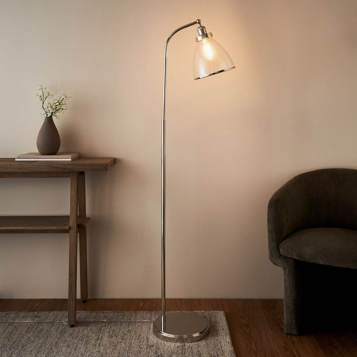 Pagazzi Brunswick Task Floor Lamp Polished Nickel with Clear Glass Shade 152 cm