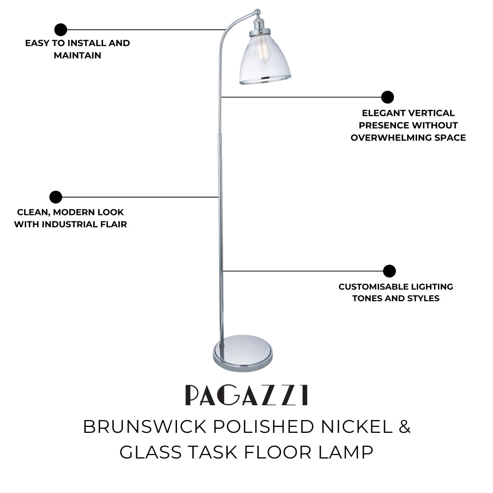 Pagazzi Brunswick Task Floor Lamp Polished Nickel with Clear Glass Shade 152 cm