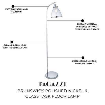 Pagazzi Brunswick Task Floor Lamp Polished Nickel with Clear Glass Shade 152 cm