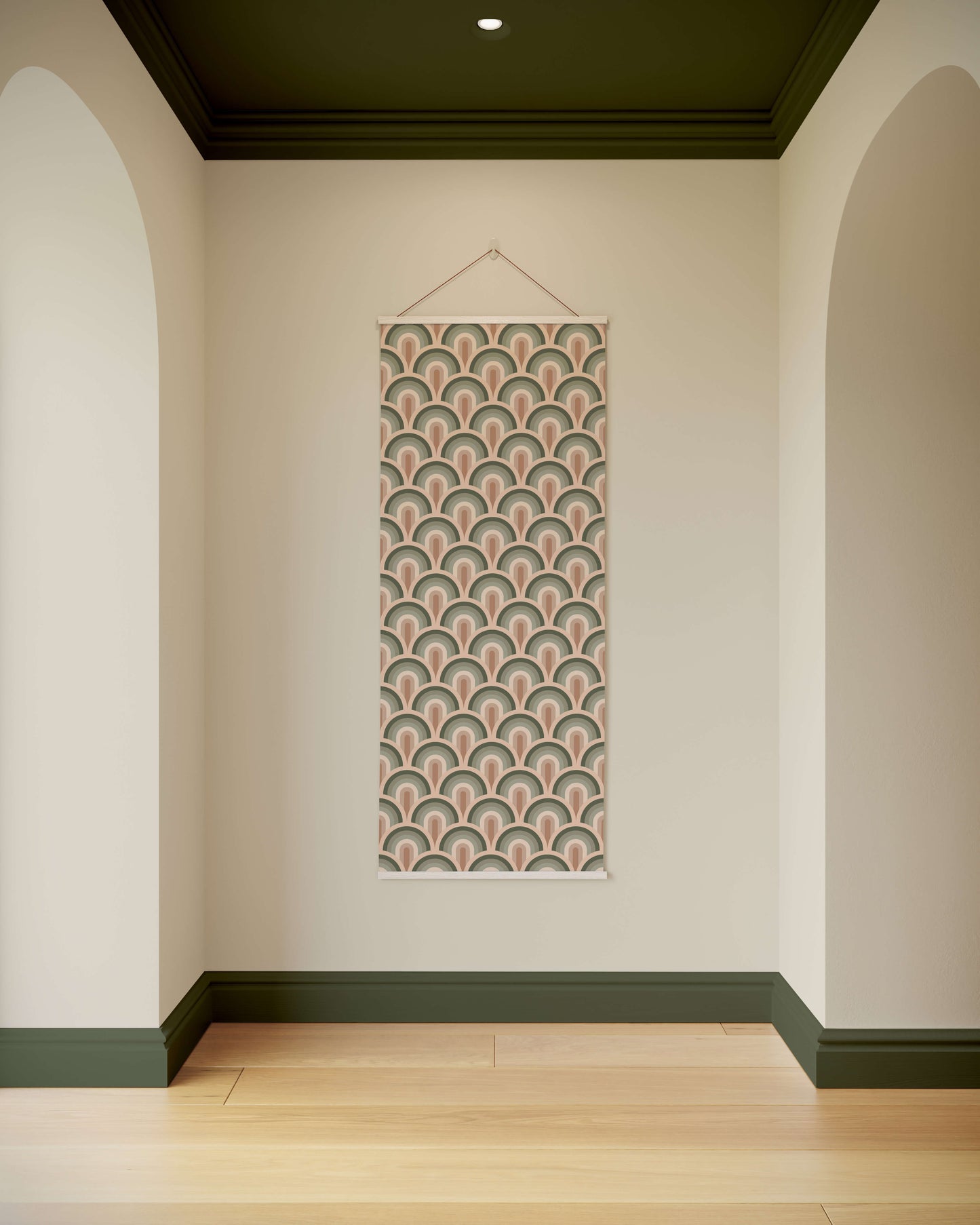 Decorative wall hanging with a geometric pattern on a plain wall.