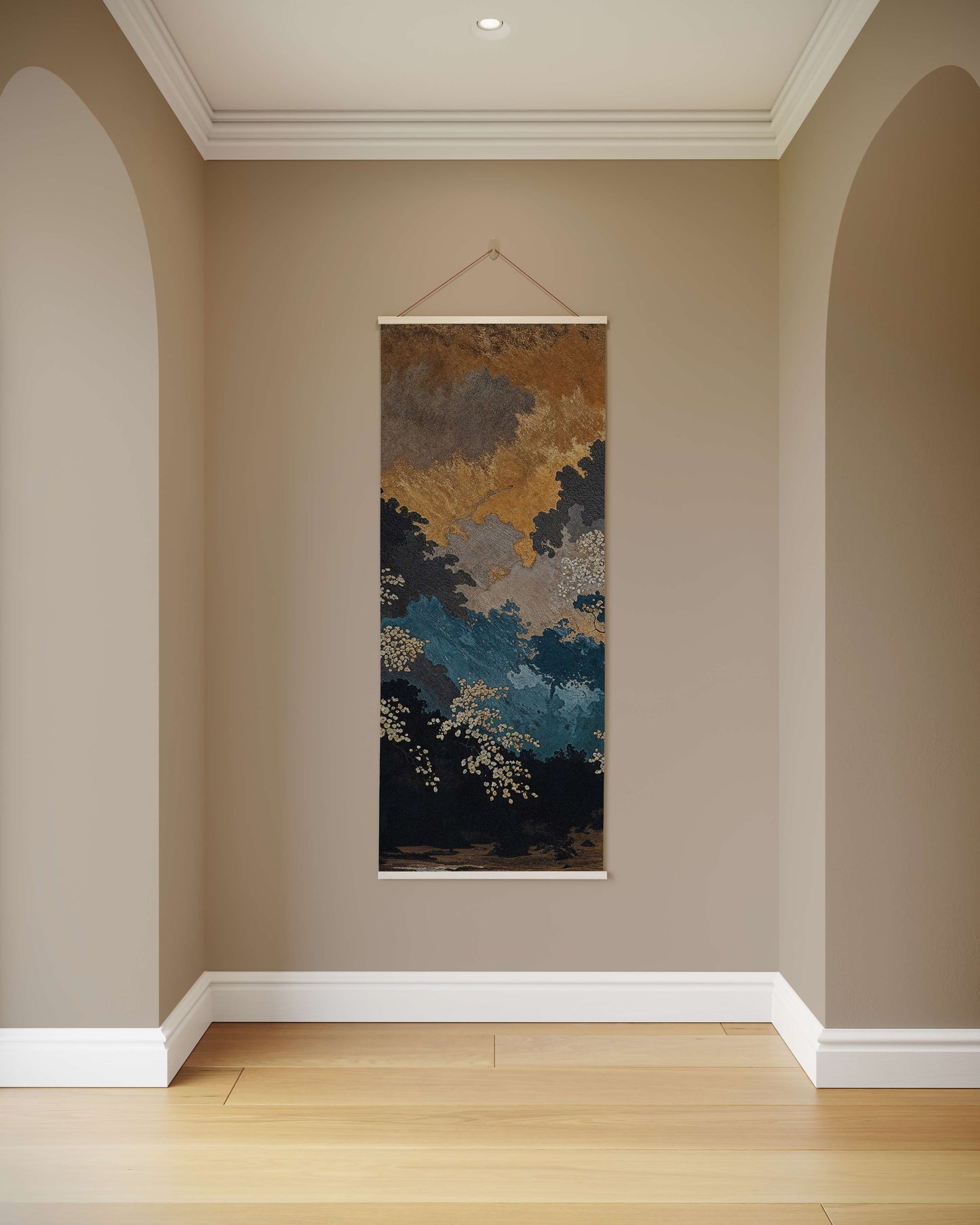 Abstract wall art hanging on a beige wall in a room with wooden flooring.