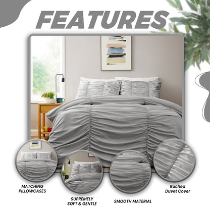Ruched Grey Microfibre Duvet Cover Set with Pillowcases Ruffle Bedding Super Soft Easy Care Quilt Bed Linen by OLIVIA ROCCO