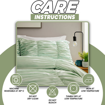 Ruched Sage Green Microfibre Duvet Cover Set with Pillowcases Ruffle Bedding Super Soft Easy Care Quilt Bed Linen by OLIVIA ROCCO