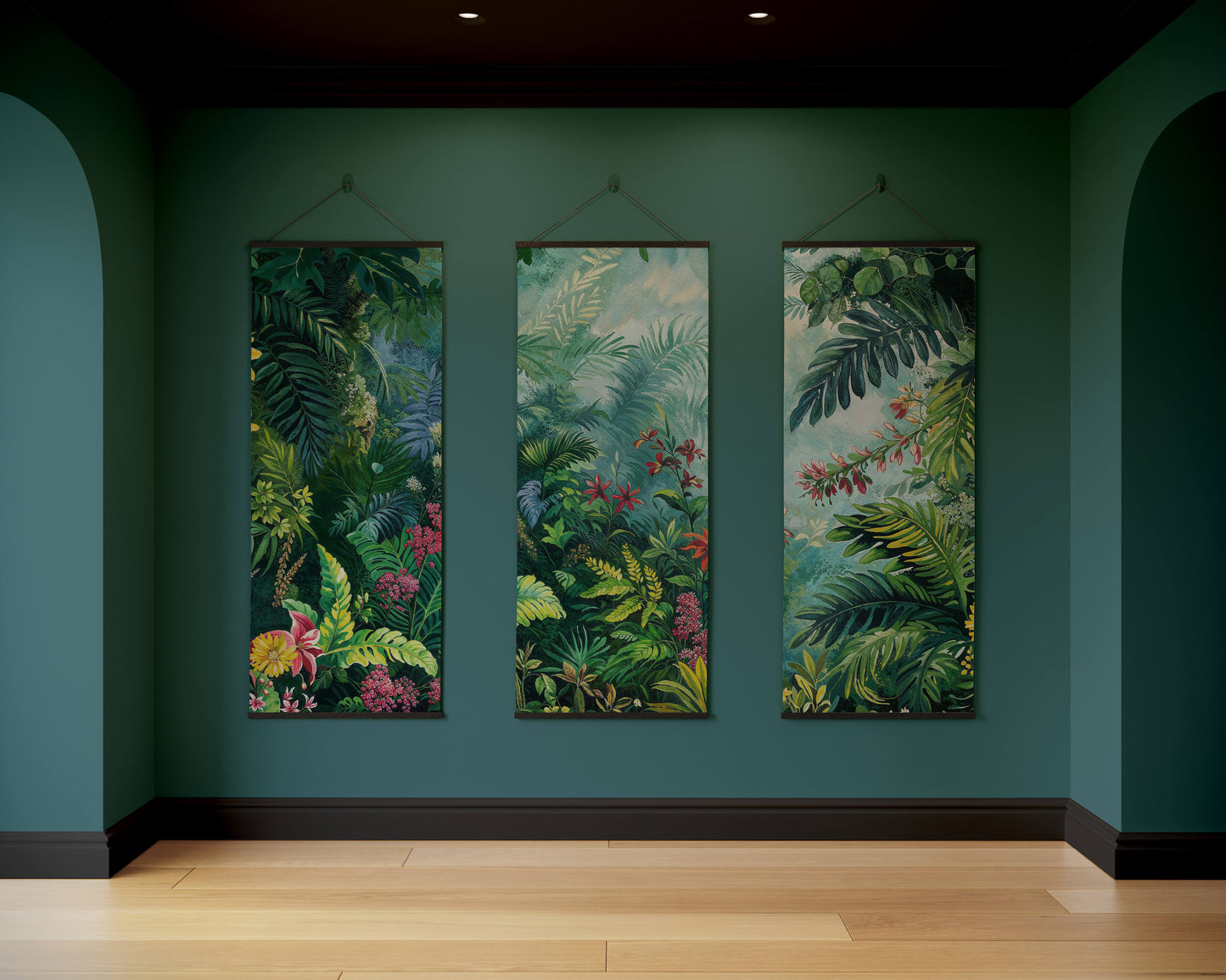 Three vertical tropical-themed artworks on a teal wall.