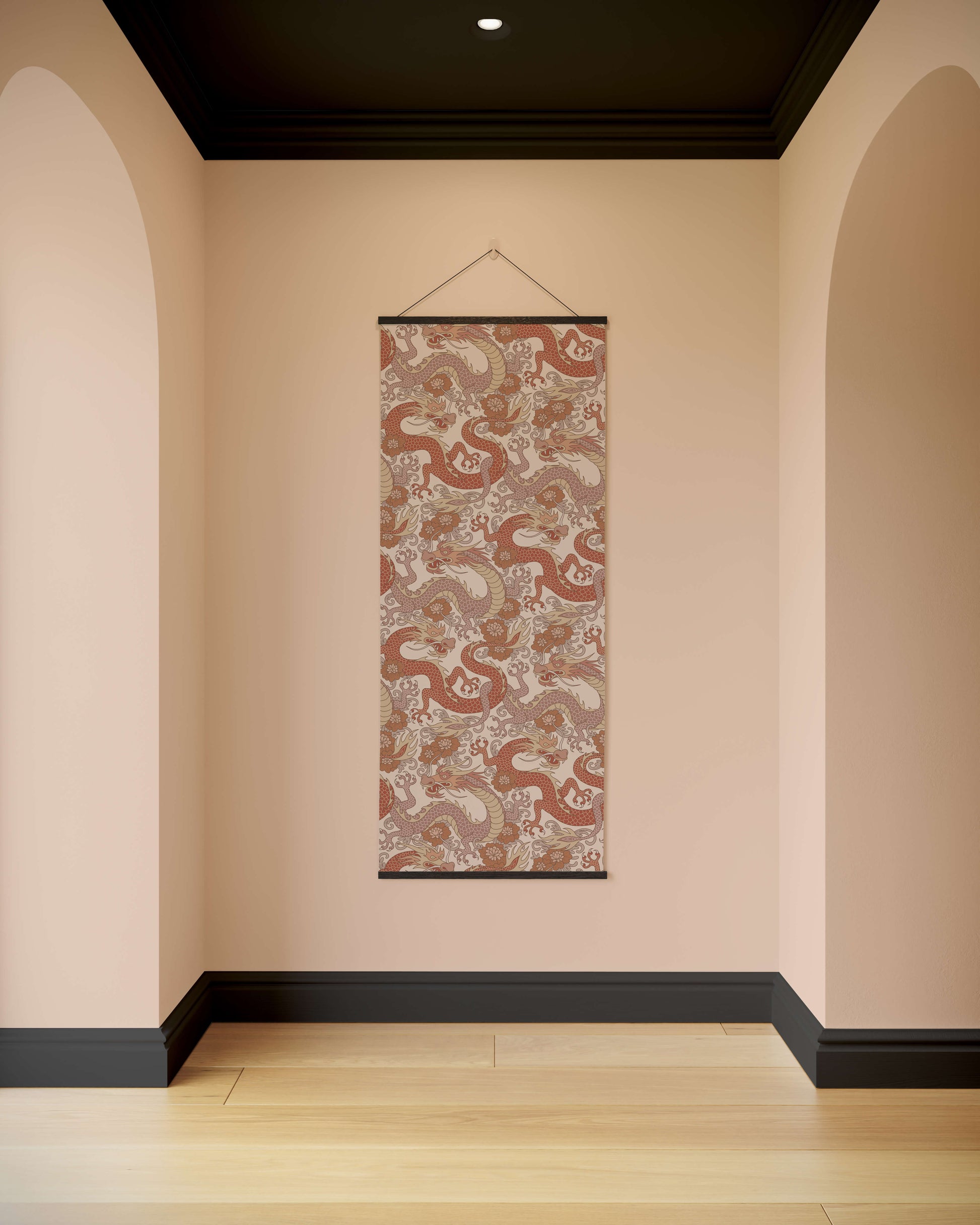 Decorative wall scroll with a pattern of dragons on a beige wall.