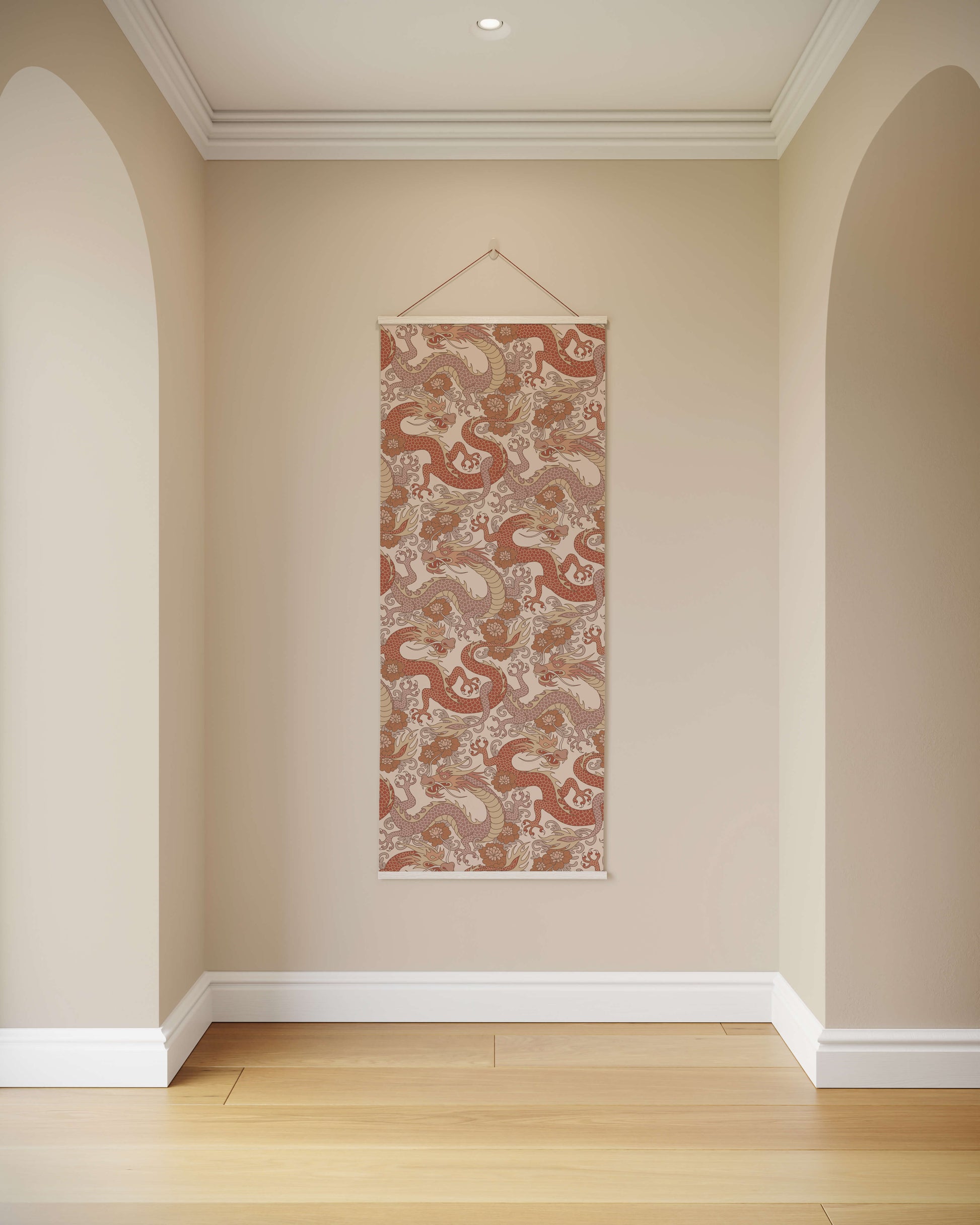 Decorative wall hanging with a floral pattern on a beige wall.