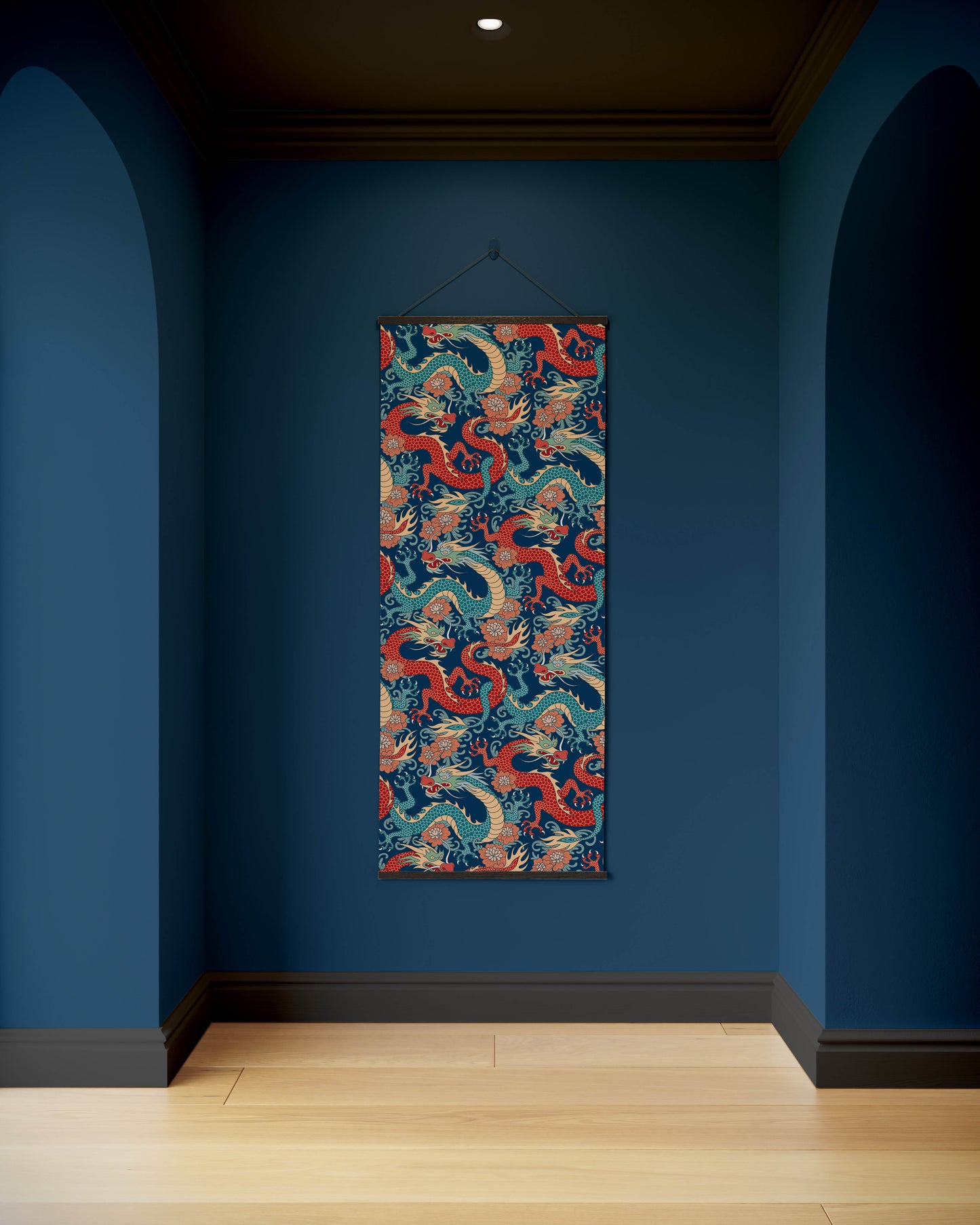 Colourful dragon tapestry hanging on a blue wall