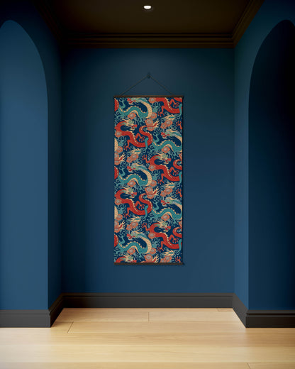 Colourful dragon tapestry hanging on a blue wall